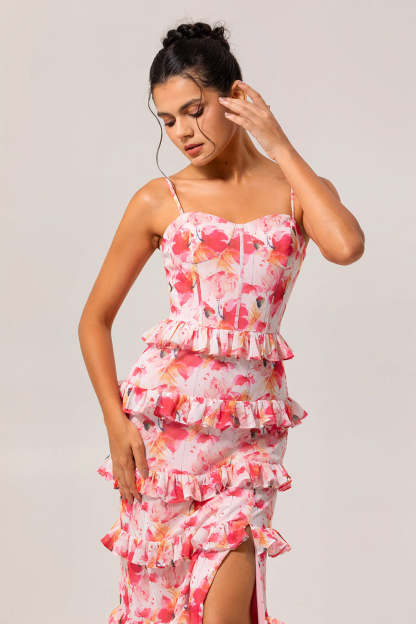 Pink Floral Tiered Ruffled Sheath Long Bridesmaid Dress with Slit