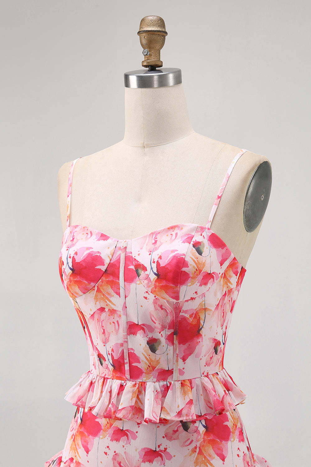 Pink Corset Floral Sheath Ruffled Maxi Bridesmaid Dress with Slit