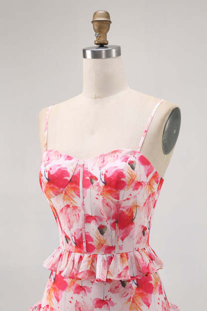 Pink Corset Floral Sheath Ruffled Maxi Bridesmaid Dress with Slit