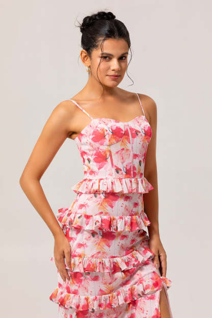 Pink Floral Tiered Ruffled Sheath Long Bridesmaid Dress with Slit