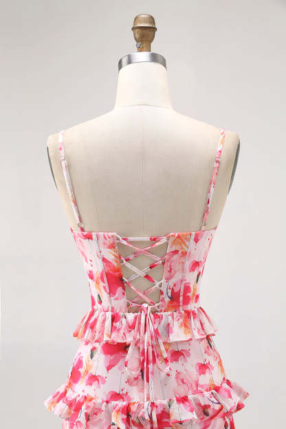 Pink Corset Floral Sheath Ruffled Maxi Bridesmaid Dress with Slit