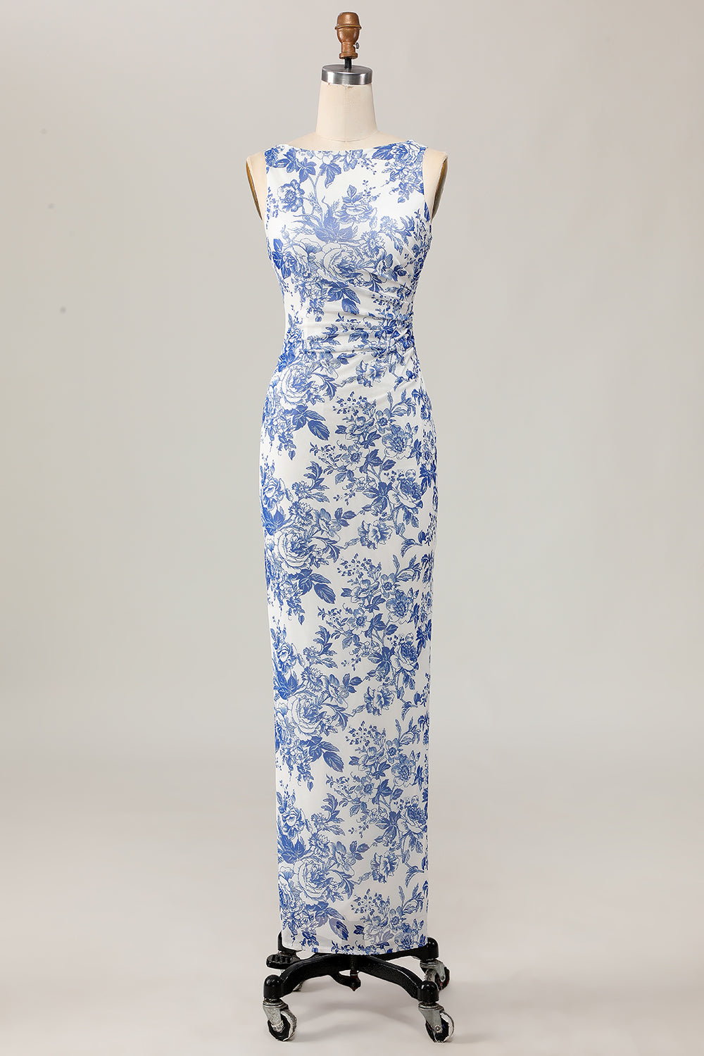 White and Blue Floral Boat Neck Sheath Maxi Wedding Guest Dress