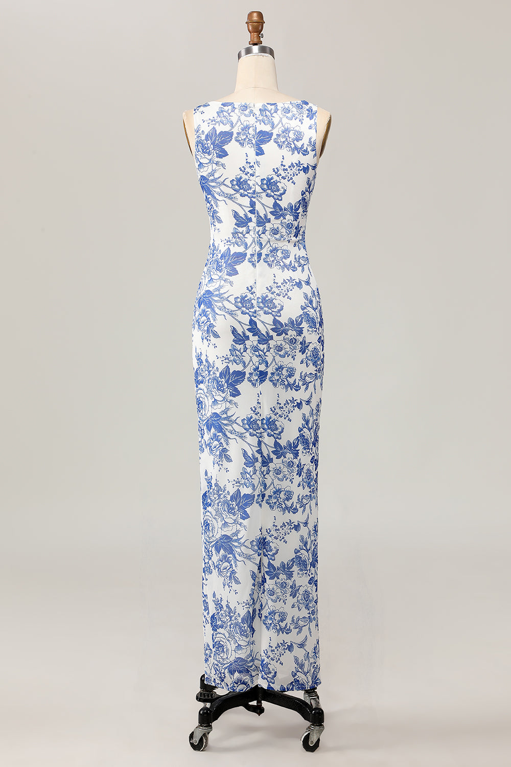 White and Blue Floral Boat Neck Sheath Maxi Wedding Guest Dress