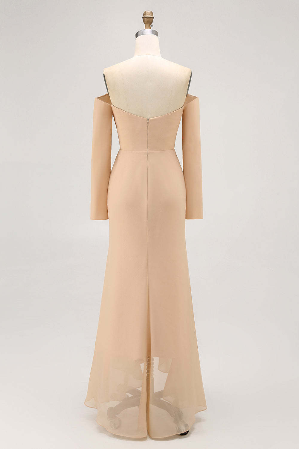 Champagne Sheath Off the Shoulder Maxi Bridesmaid Dress with Ruffles