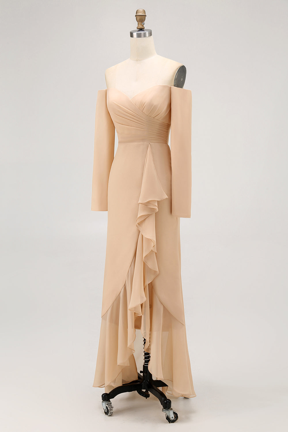 Champagne Sheath Off the Shoulder Maxi Bridesmaid Dress with Ruffles