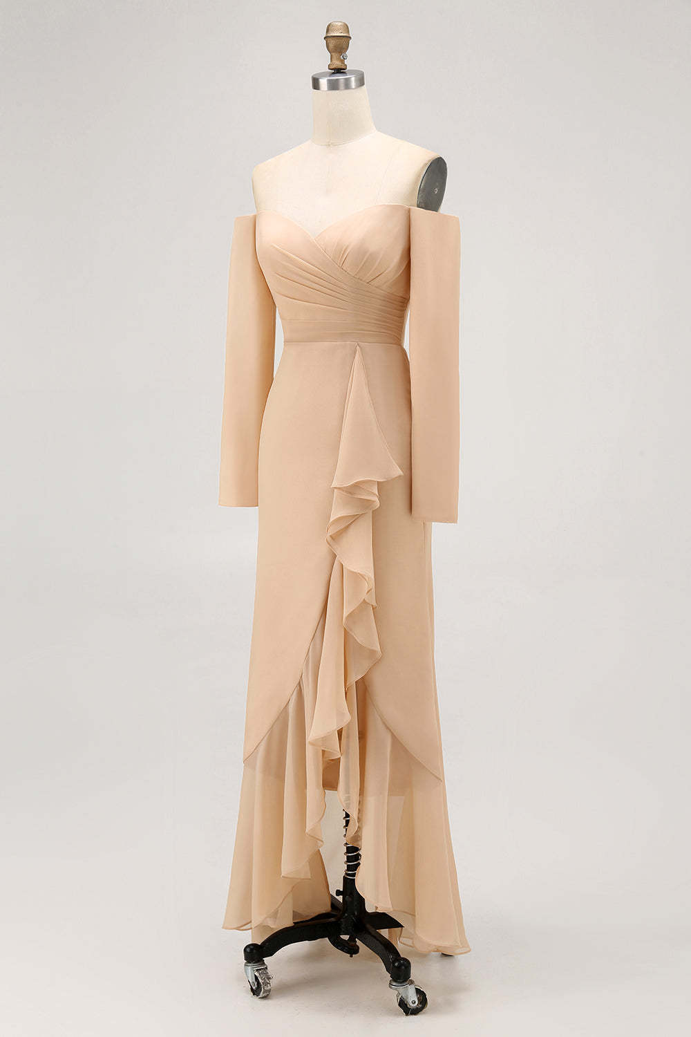 Champagne Sheath Off the Shoulder Maxi Bridesmaid Dress with Ruffles