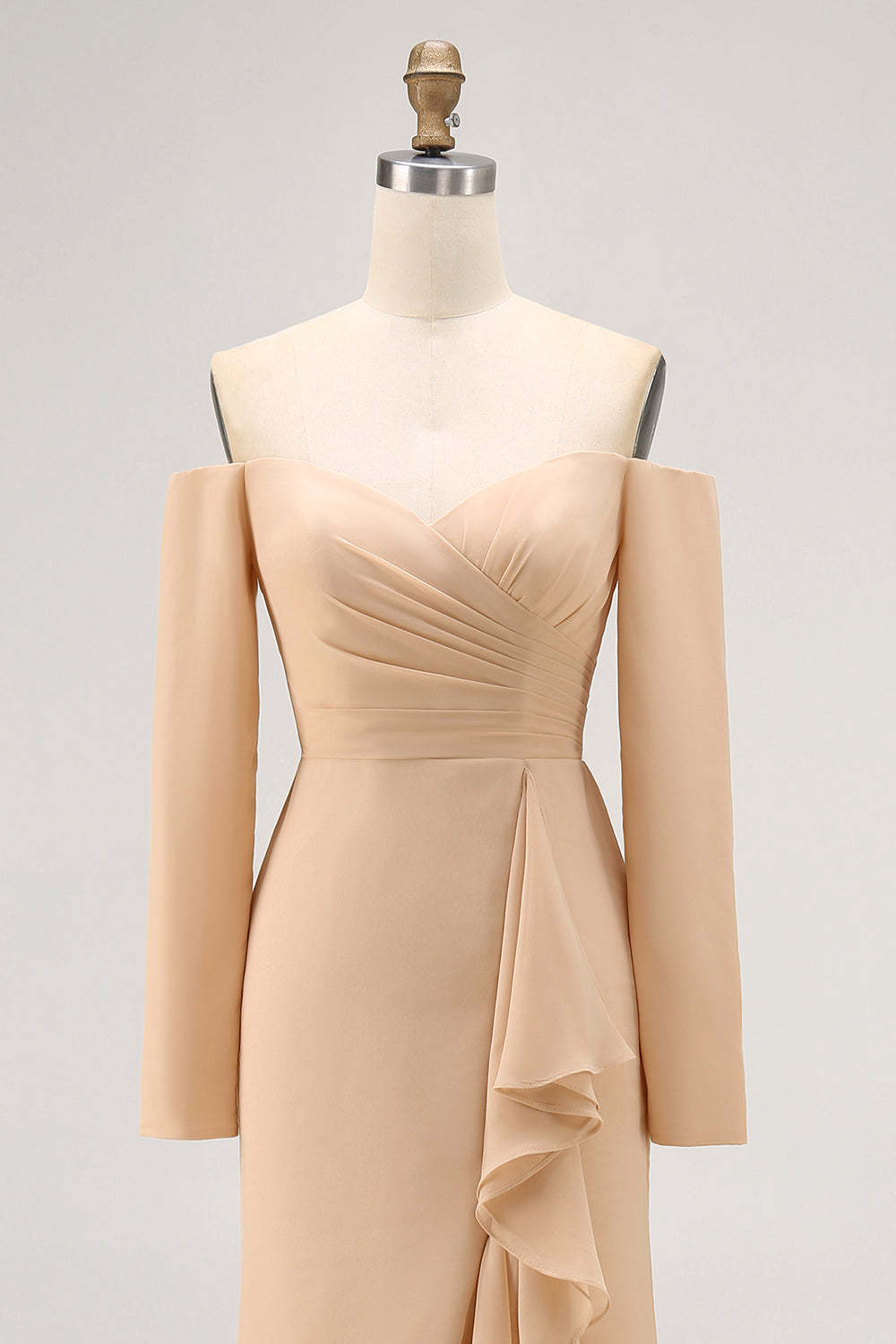 Champagne Sheath Off the Shoulder Maxi Bridesmaid Dress with Ruffles