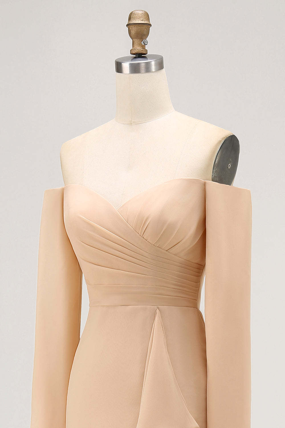 Champagne Sheath Off the Shoulder Maxi Bridesmaid Dress with Ruffles