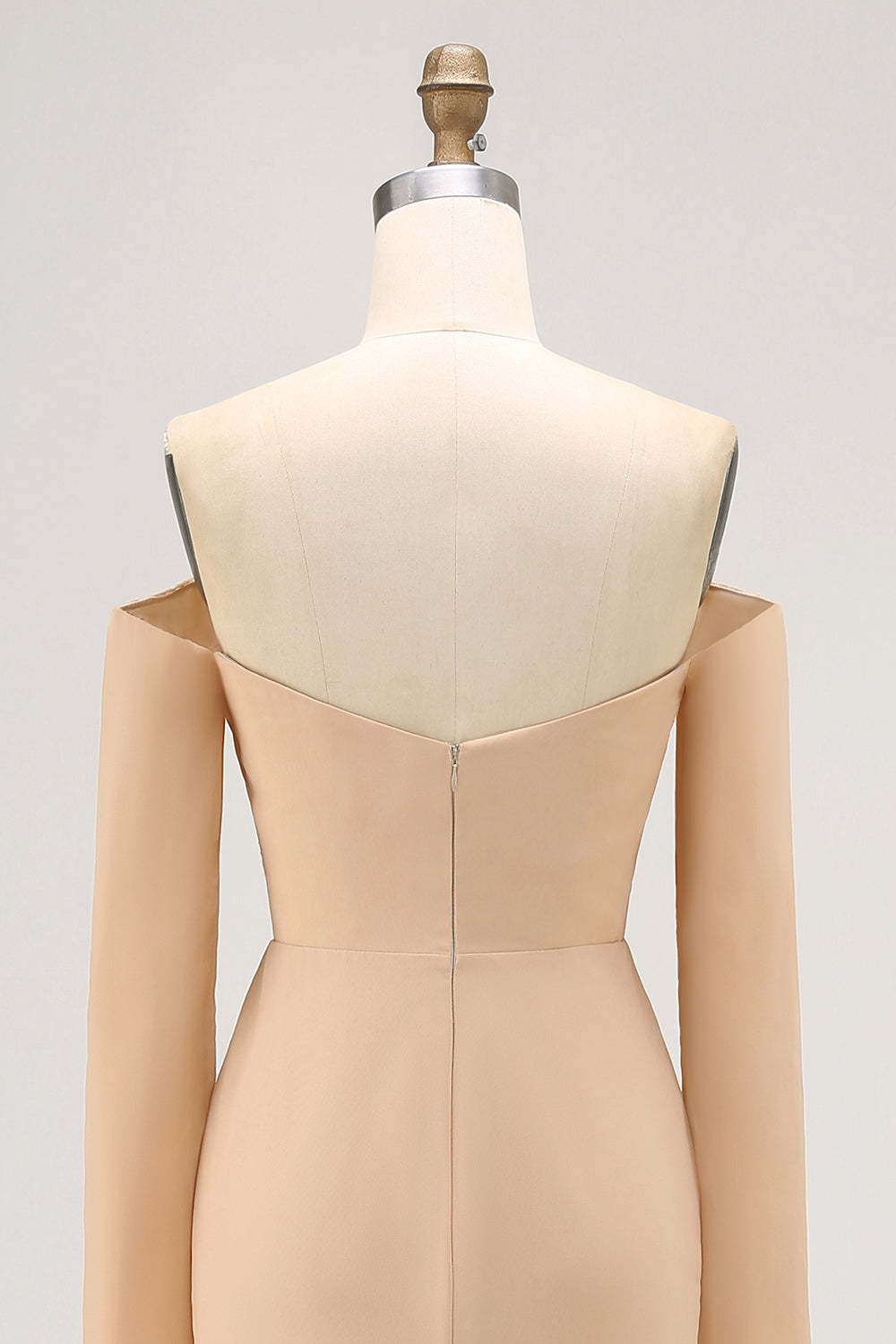 Champagne Sheath Off the Shoulder Maxi Bridesmaid Dress with Ruffles