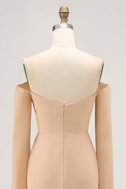 Champagne Sheath Off the Shoulder Maxi Bridesmaid Dress with Ruffles