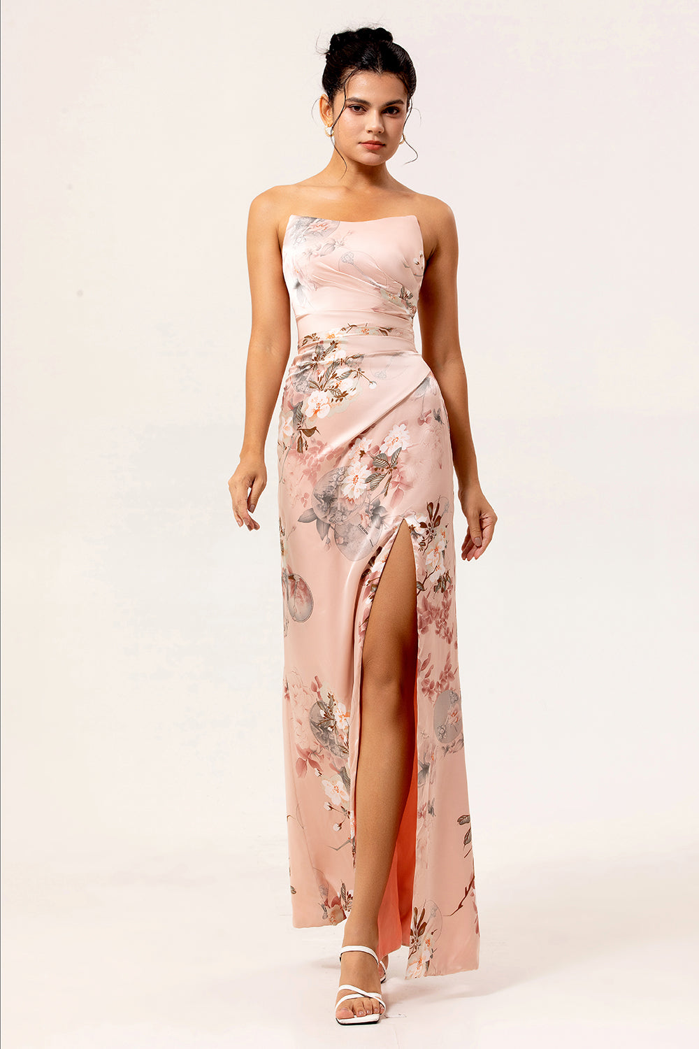 Leely Women Blush Satin Maxi Summer Wedding Guest Dress with Slit Floral Ruched Strapless A Line Bridesmaid Dress