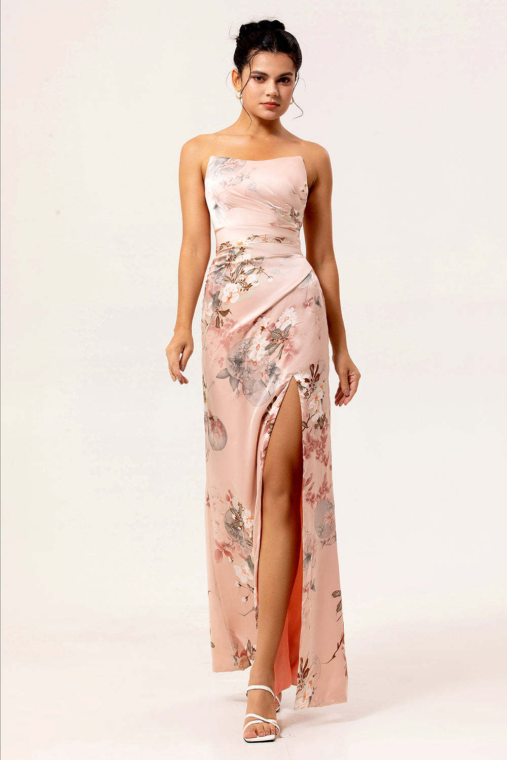 Leely Women Blush Satin Maxi Summer Wedding Guest Dress with Slit Floral Ruched Strapless A Line Bridesmaid Dress
