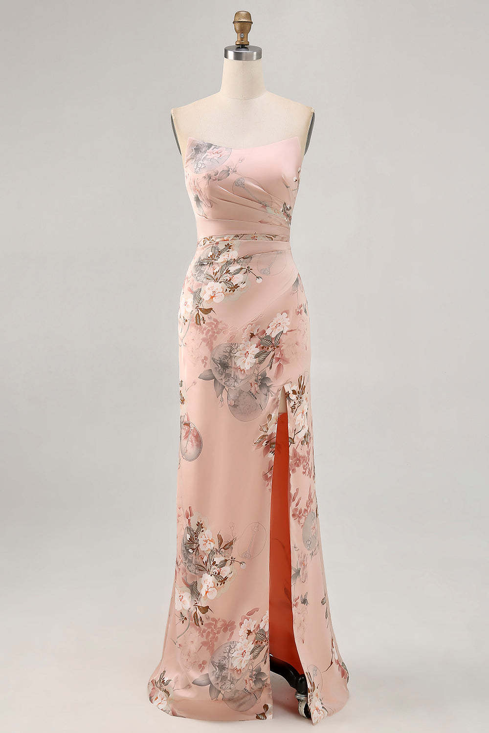 Blush Strapless Floral Maxi Satin Wedding Guest Dress with Slit