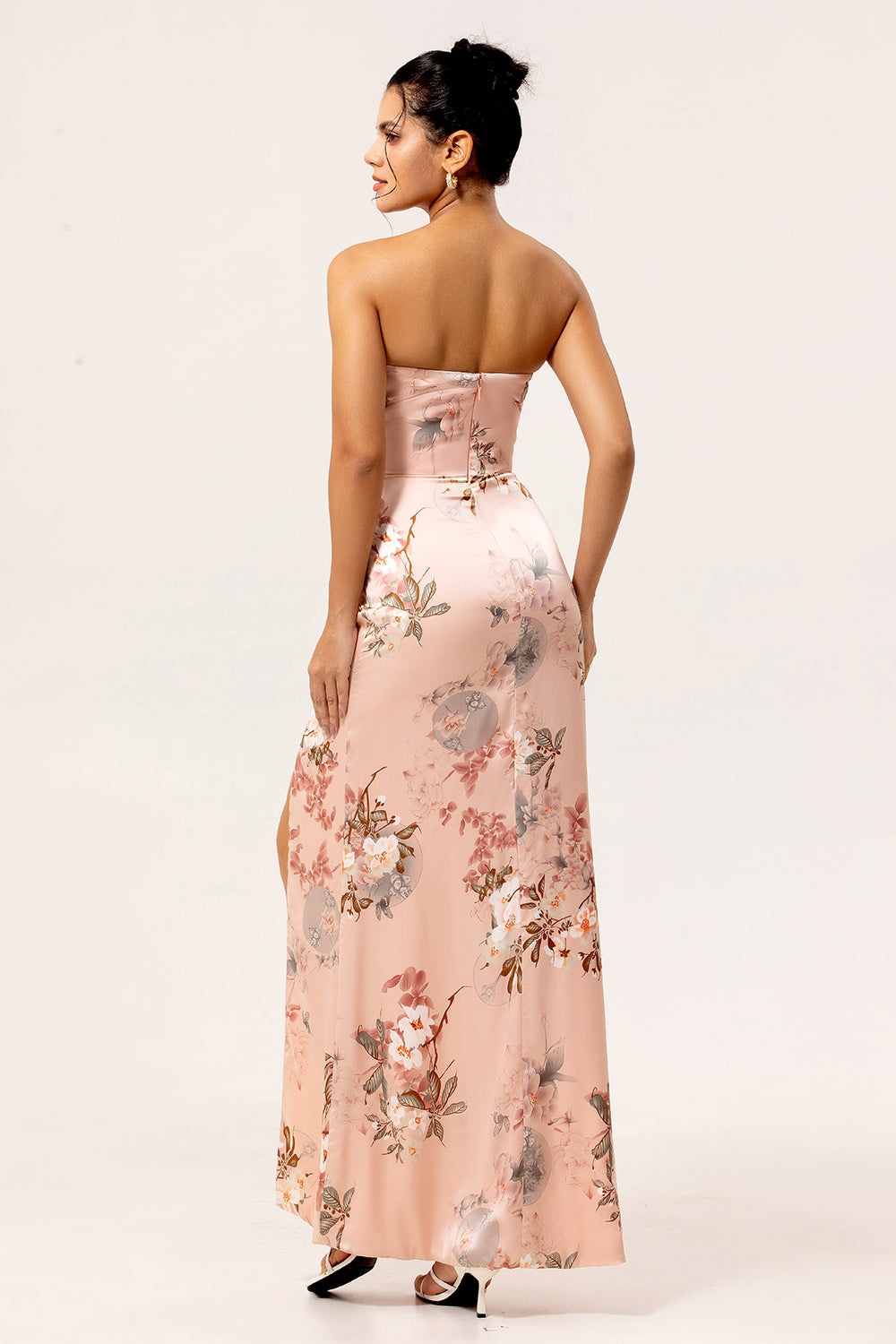 Blush Strapless Floral Maxi Satin Wedding Guest Dress with Slit