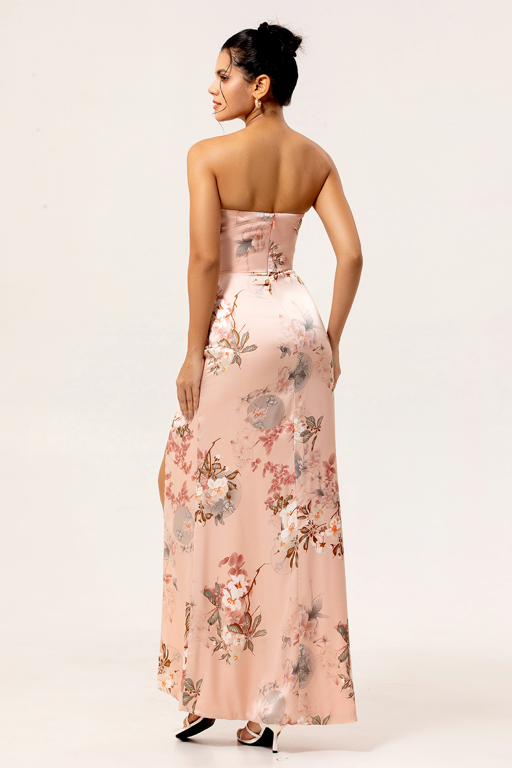 Blush Floral Satin Strapless Mermaid Maxi Wedding Guest Dress with Slit