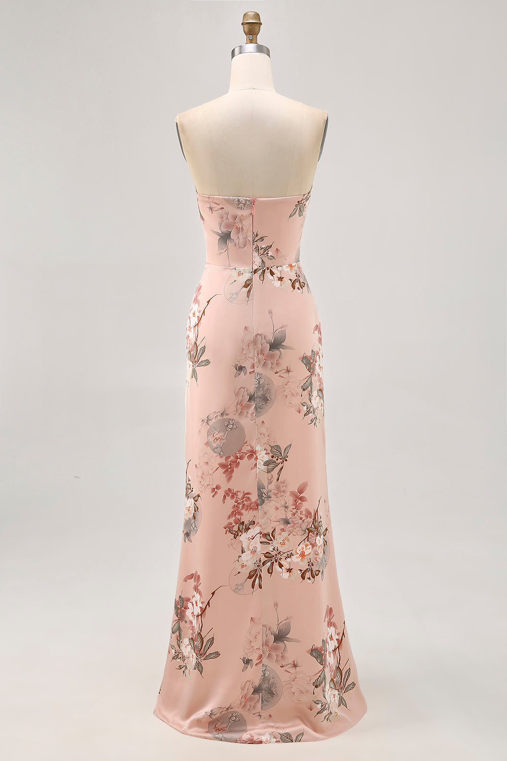 Blush Strapless Floral Maxi Satin Wedding Guest Dress with Slit