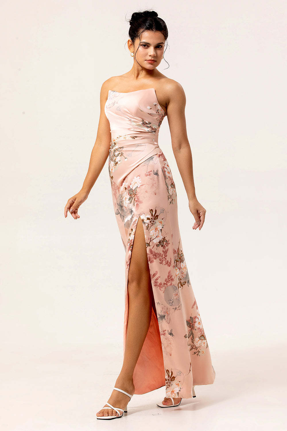 Blush Strapless Floral Maxi Satin Wedding Guest Dress with Slit