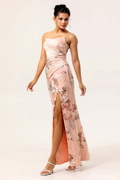Blush Strapless Floral Maxi Satin Wedding Guest Dress with Slit