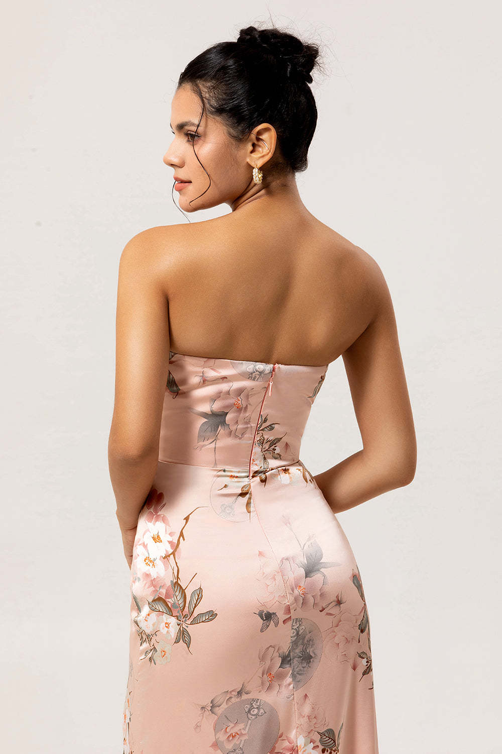 Blush Strapless Floral Maxi Satin Wedding Guest Dress with Slit
