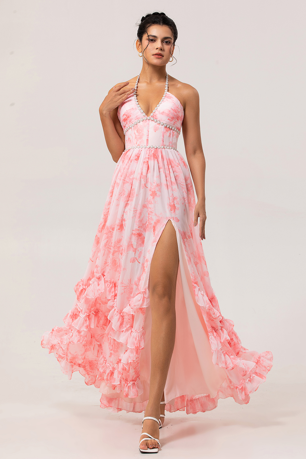 Blush Floral Printed Ruffled Corset Pearls Maxi Bridesmaid Dress with Slit