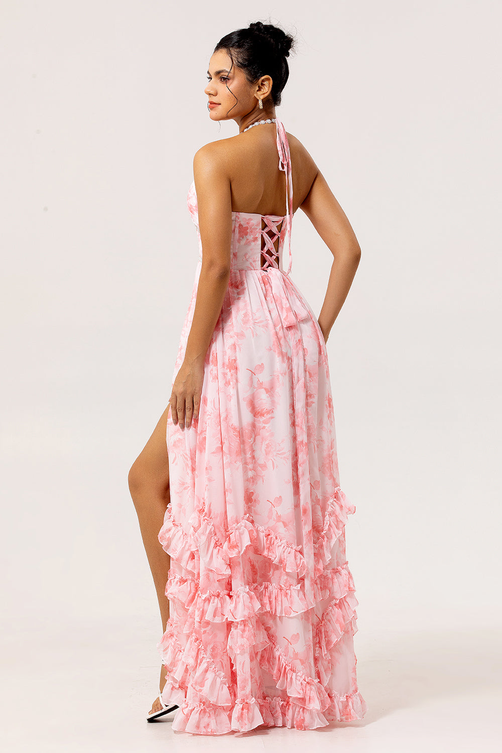 Blush Corset Floral Ruffled Halter Pearls Long Bridesmaid Dress with Slit