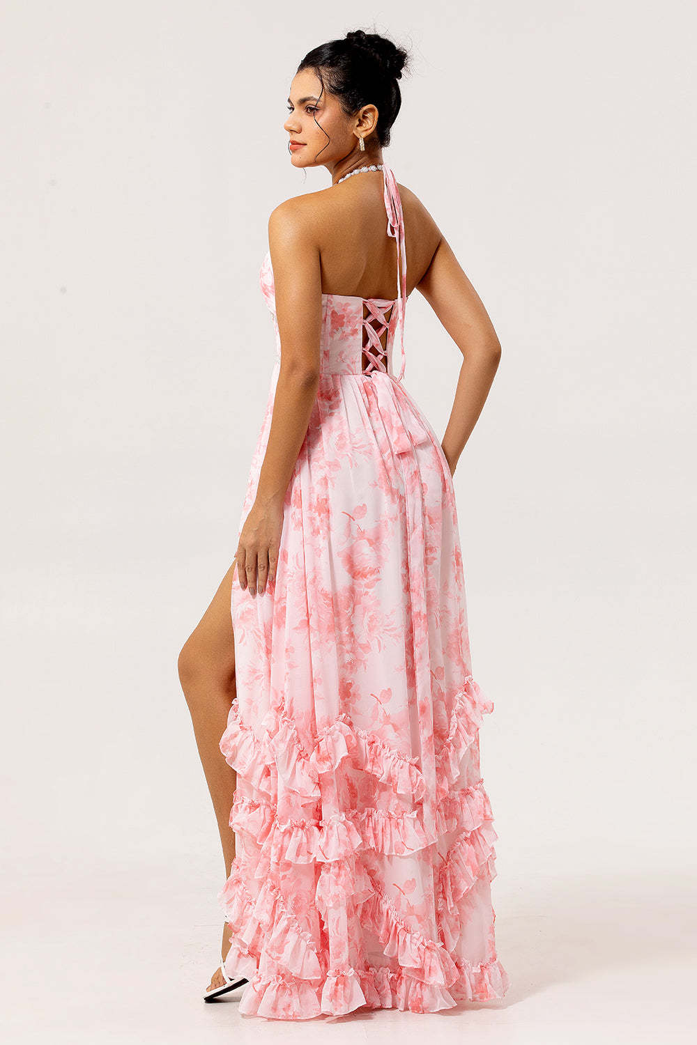 Blush Corset Floral Ruffled Halter Pearls Long Bridesmaid Dress with Slit