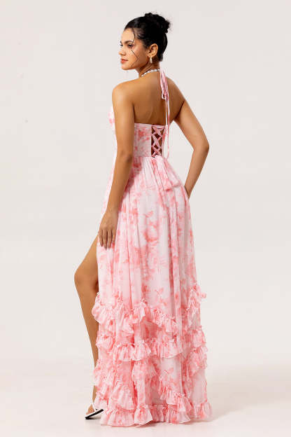 Blush Corset Floral Ruffled Halter Pearls Long Bridesmaid Dress with Slit