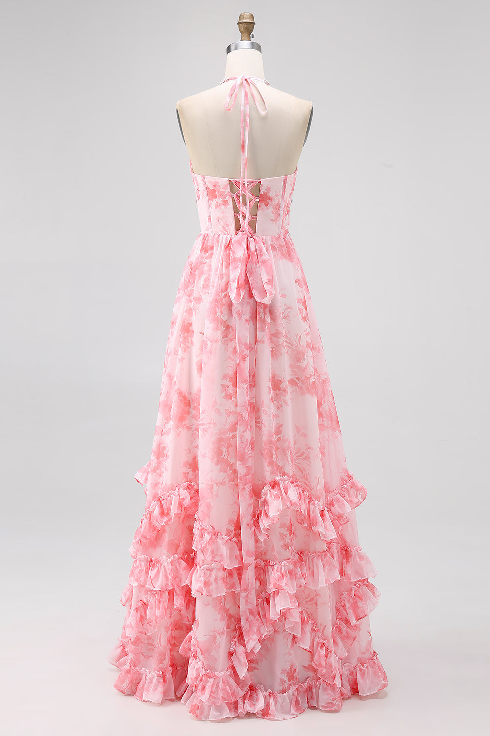 Blush Floral Printed Ruffled Corset Pearls Maxi Bridesmaid Dress with Slit