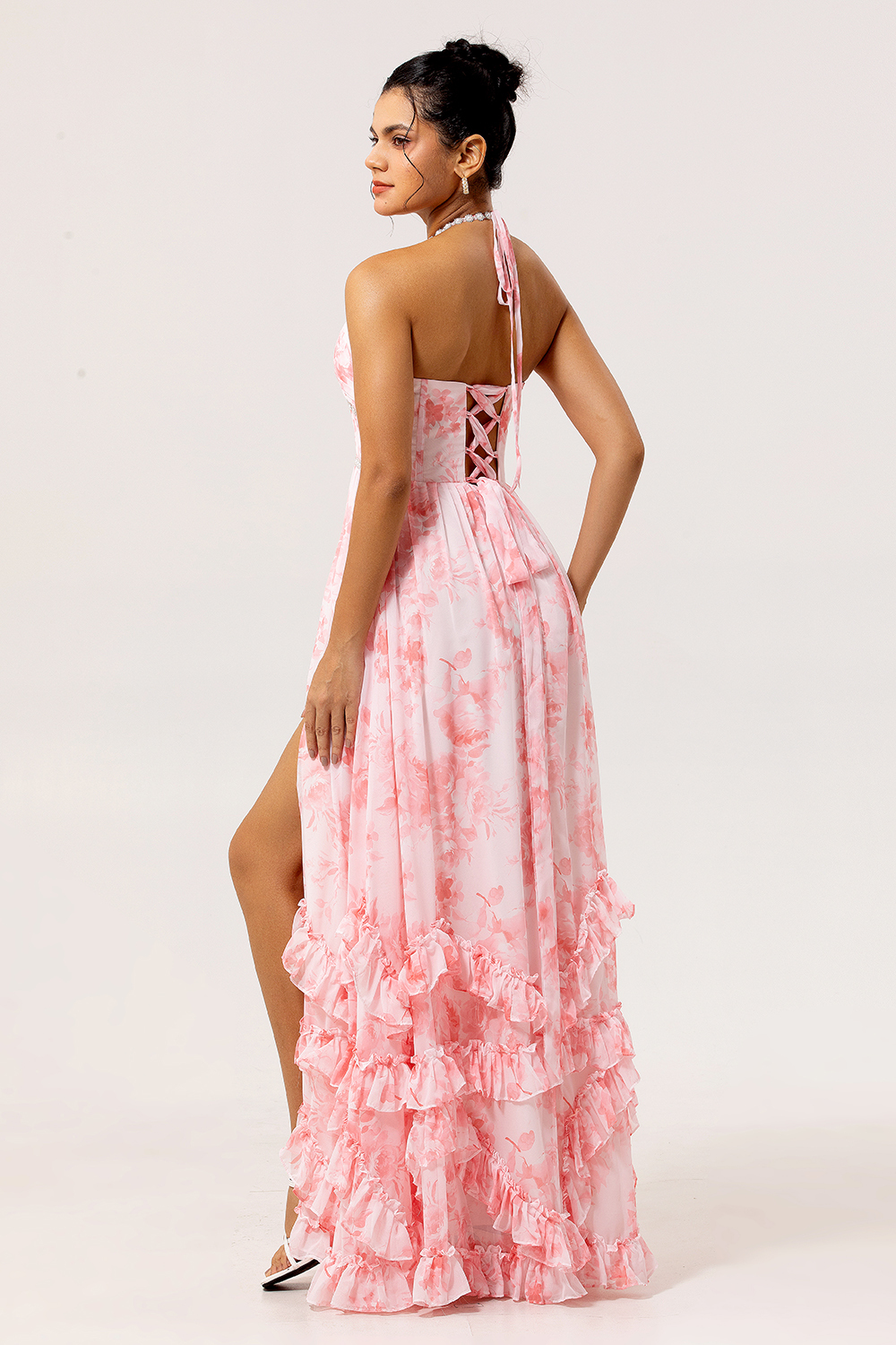 Blush Floral Printed Ruffled Corset Pearls Maxi Bridesmaid Dress with Slit