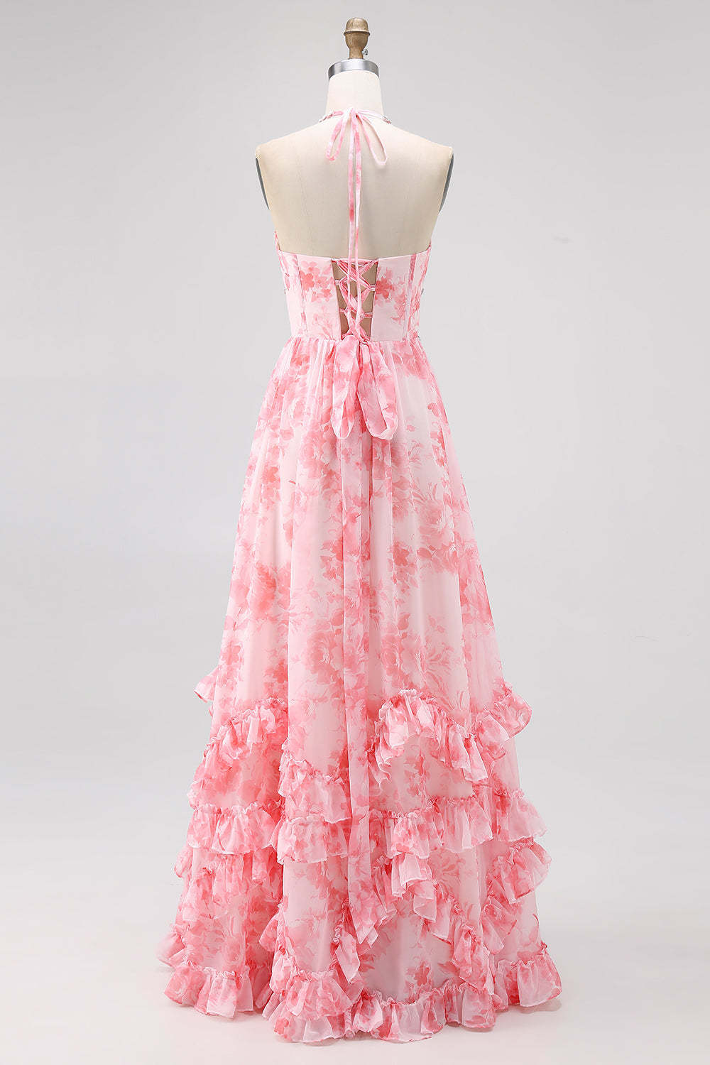 Blush Floral Printed Ruffled Corset Pearls Maxi Bridesmaid Dress with Slit