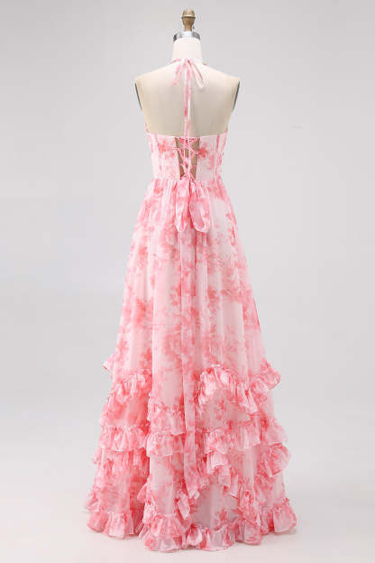 Blush Floral Printed Ruffled Corset Pearls Maxi Bridesmaid Dress with Slit