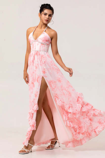 Blush Corset Floral Ruffled Halter Pearls Long Bridesmaid Dress with Slit
