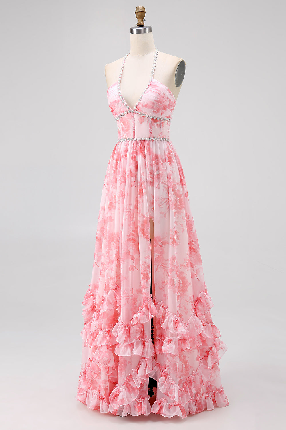 Blush Floral Printed Ruffled Corset Pearls Maxi Bridesmaid Dress with Slit