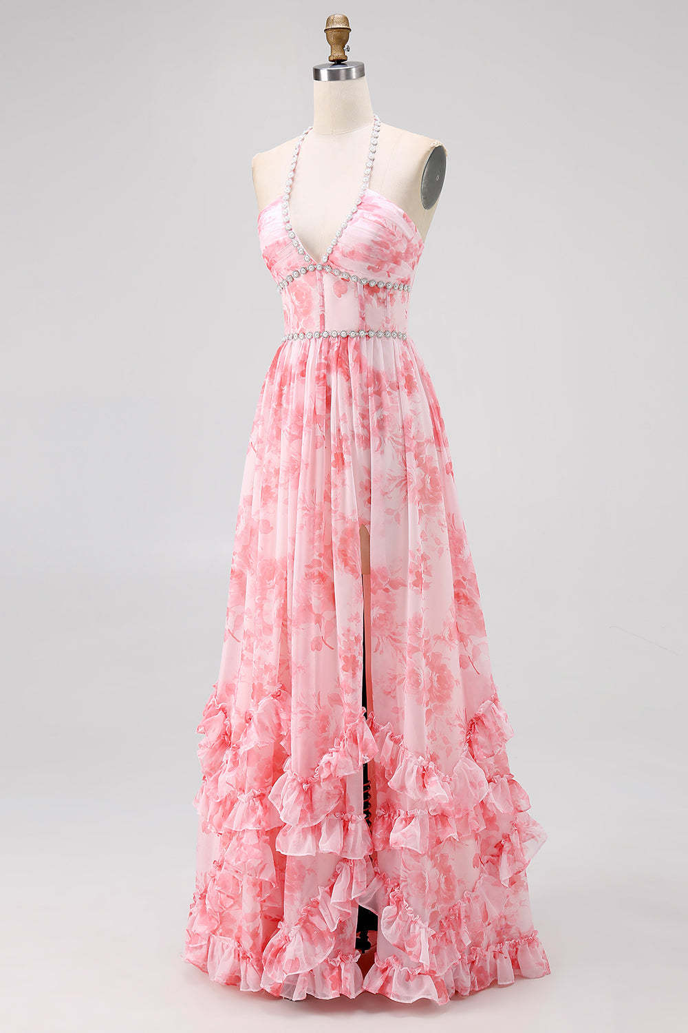 Blush Floral Printed Ruffled Corset Pearls Maxi Bridesmaid Dress with Slit