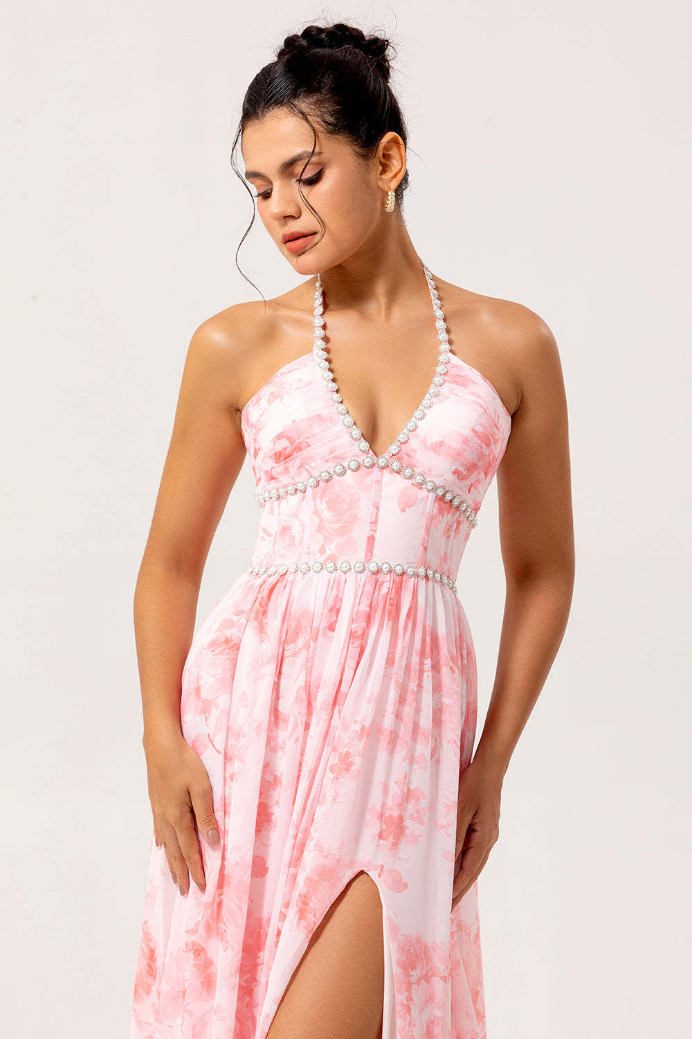 Blush Corset Floral Ruffled Halter Pearls Long Bridesmaid Dress with Slit