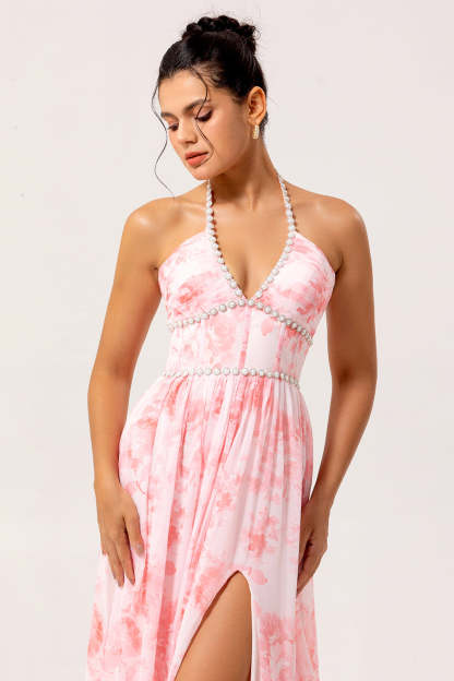 Blush Corset Floral Ruffled Halter Pearls Long Bridesmaid Dress with Slit