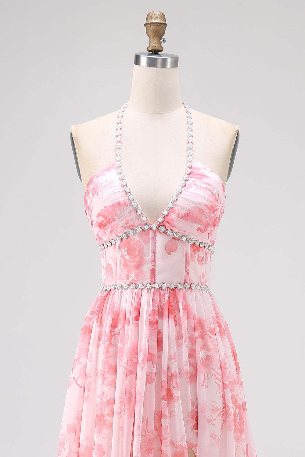 Blush Floral Printed Ruffled Corset Pearls Maxi Bridesmaid Dress with Slit