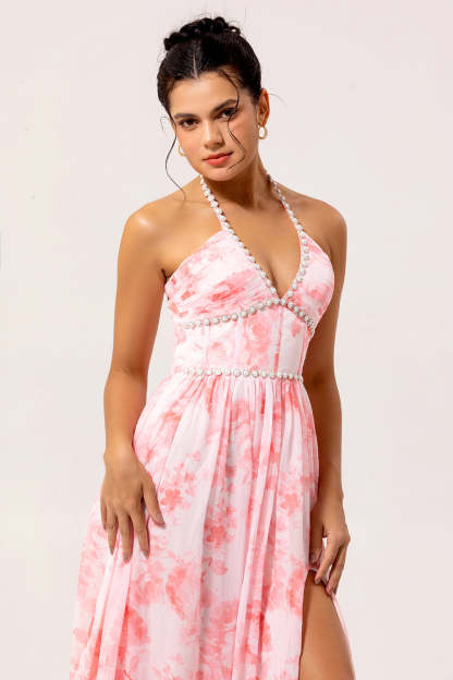 Blush Corset Floral Ruffled Halter Pearls Long Bridesmaid Dress with Slit