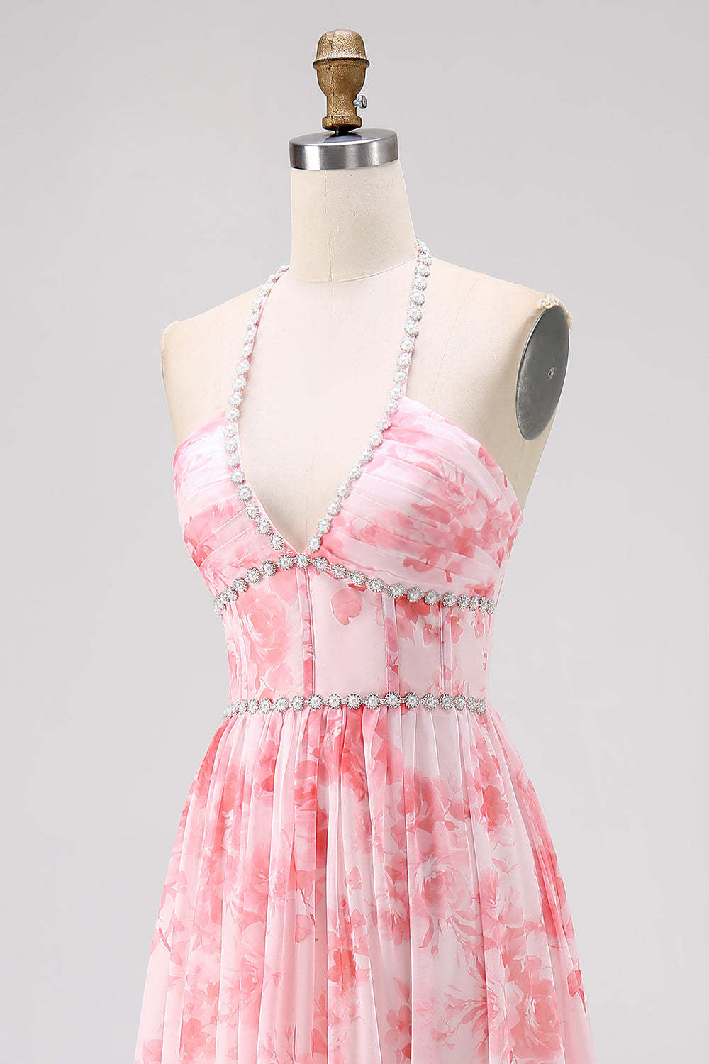 Blush Floral Printed Ruffled Corset Pearls Maxi Bridesmaid Dress with Slit