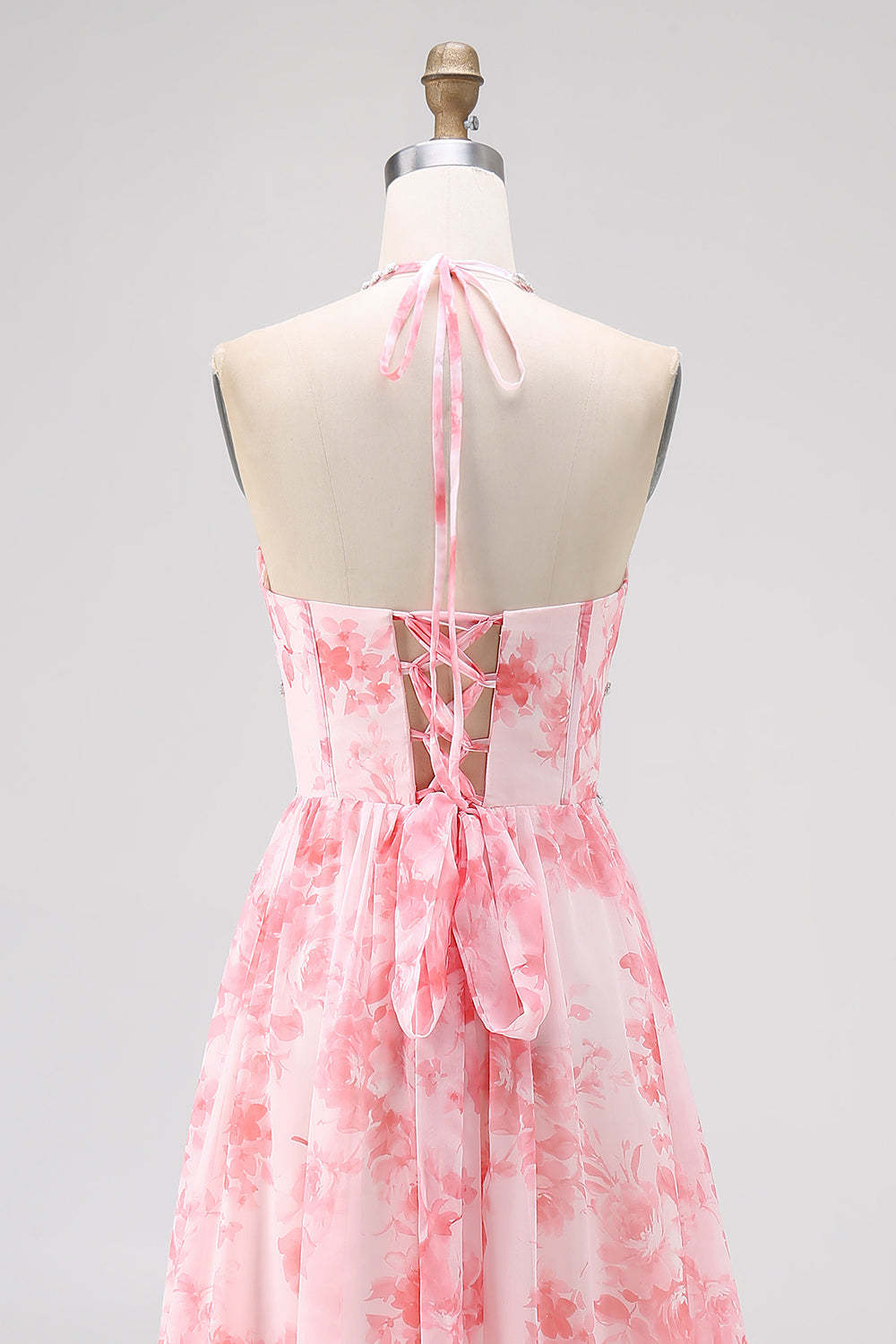 Blush Floral Printed Ruffled Corset Pearls Maxi Bridesmaid Dress with Slit