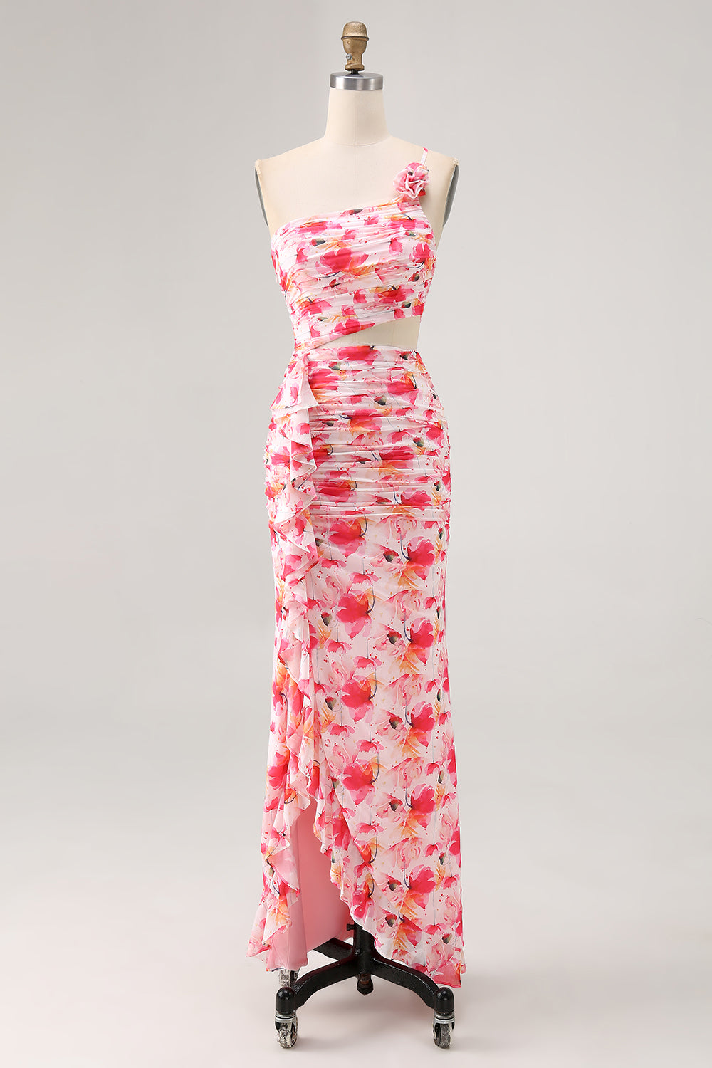 Pink Floral Printed Cut Out Ruffled One Shoulder Maxi Bridesmaid Dress with Slit