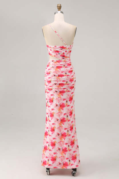 Pink Floral Printed Cut Out Ruffled One Shoulder Maxi Bridesmaid Dress with Slit