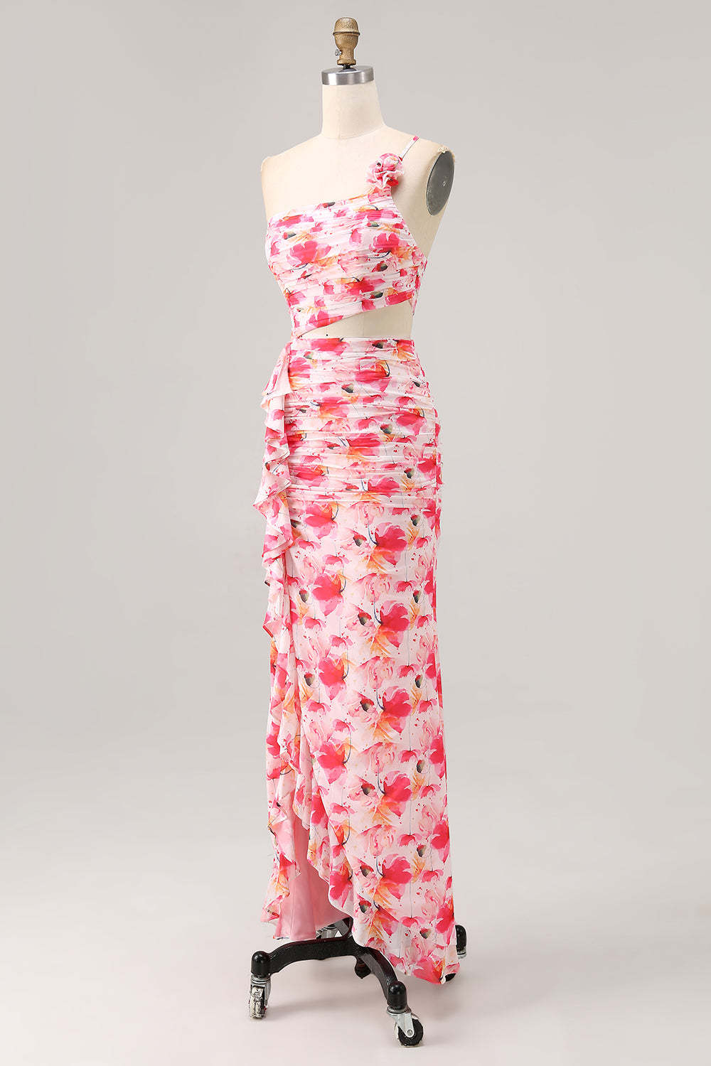Pink Floral Printed Cut Out Ruffled One Shoulder Maxi Bridesmaid Dress with Slit