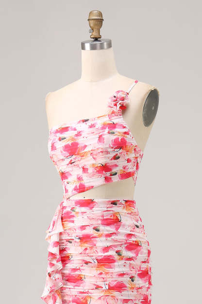 Pink Floral Printed Cut Out Ruffled One Shoulder Maxi Bridesmaid Dress with Slit