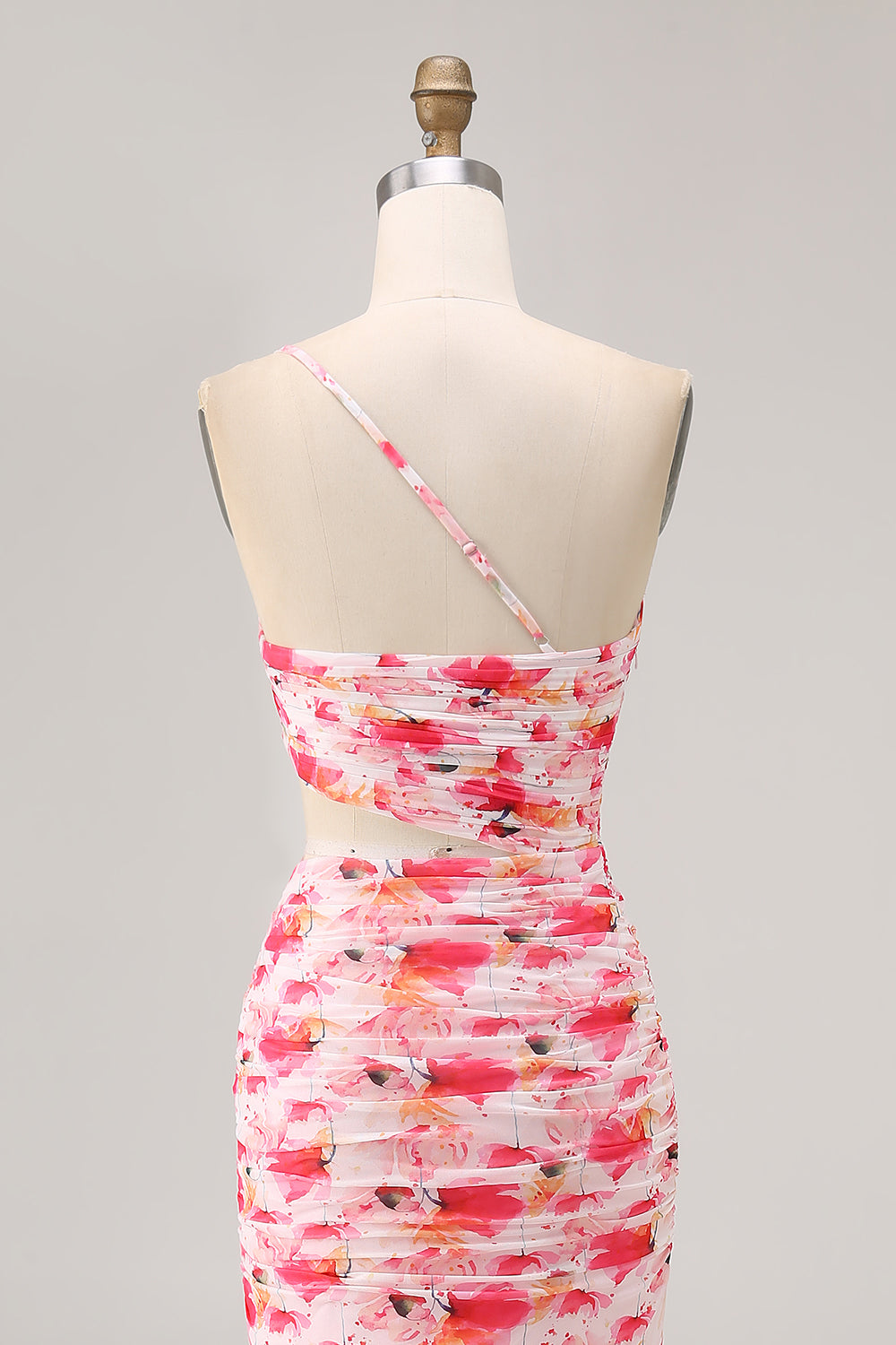 Pink Floral Printed Cut Out Ruffled One Shoulder Maxi Bridesmaid Dress with Slit