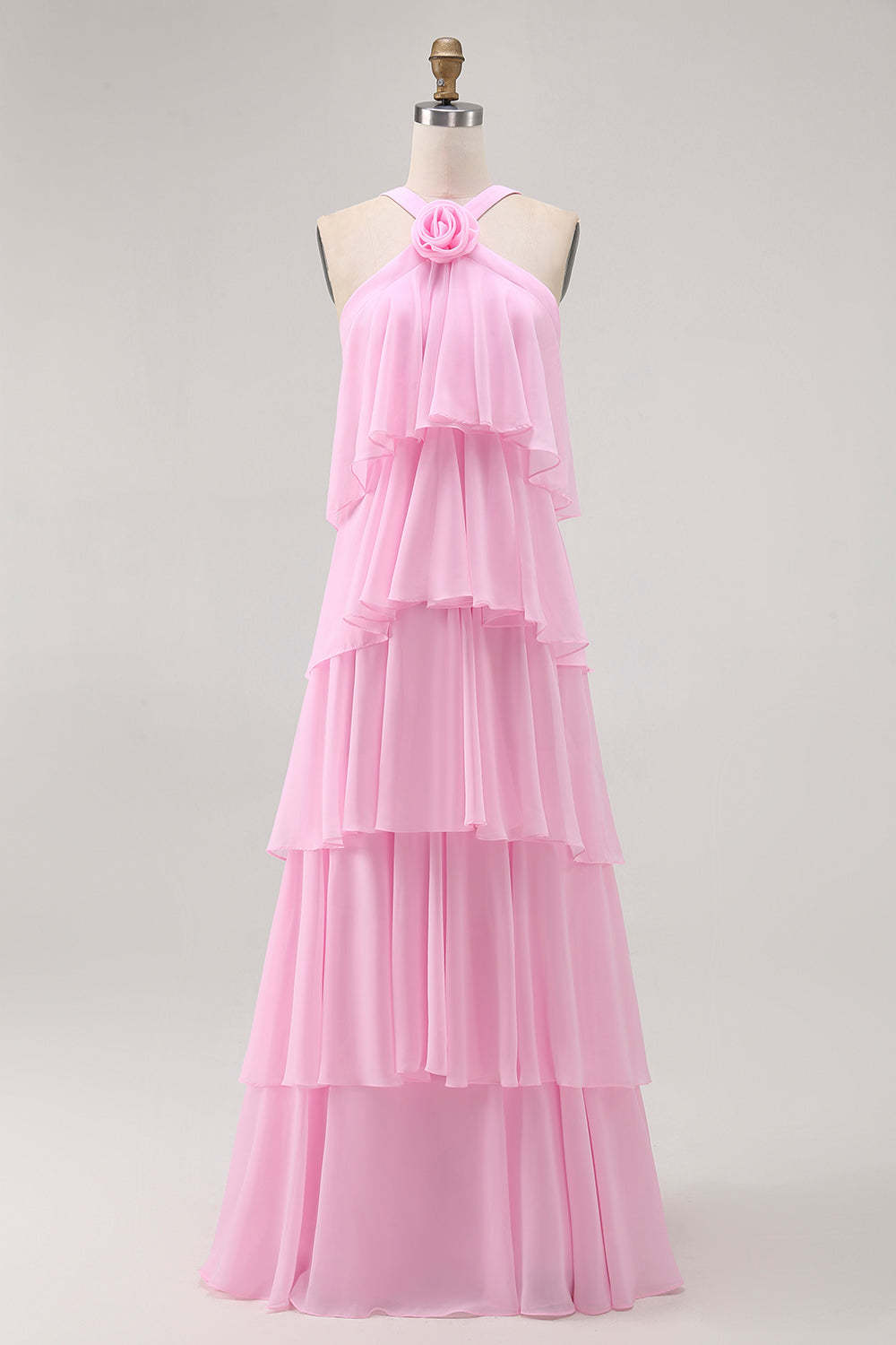 Leely Women Candy Pink Chiffon Long Wedding Guest Dress with Ruffles A Line Tiered Bridesmaid Dress with 3D Flower