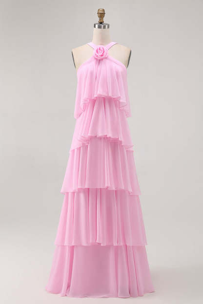 Leely Women Candy Pink Chiffon Long Wedding Guest Dress with Ruffles A Line Tiered Bridesmaid Dress with 3D Flower