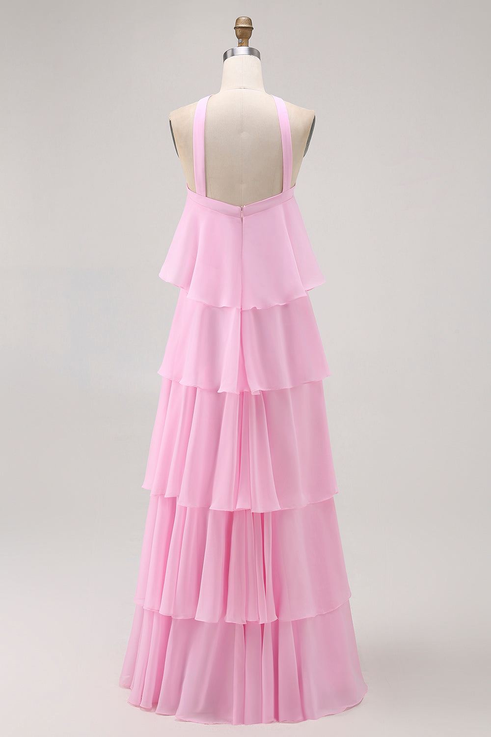 Candy Pink A Line Tiered Halter Long Wedding Guest Dress
