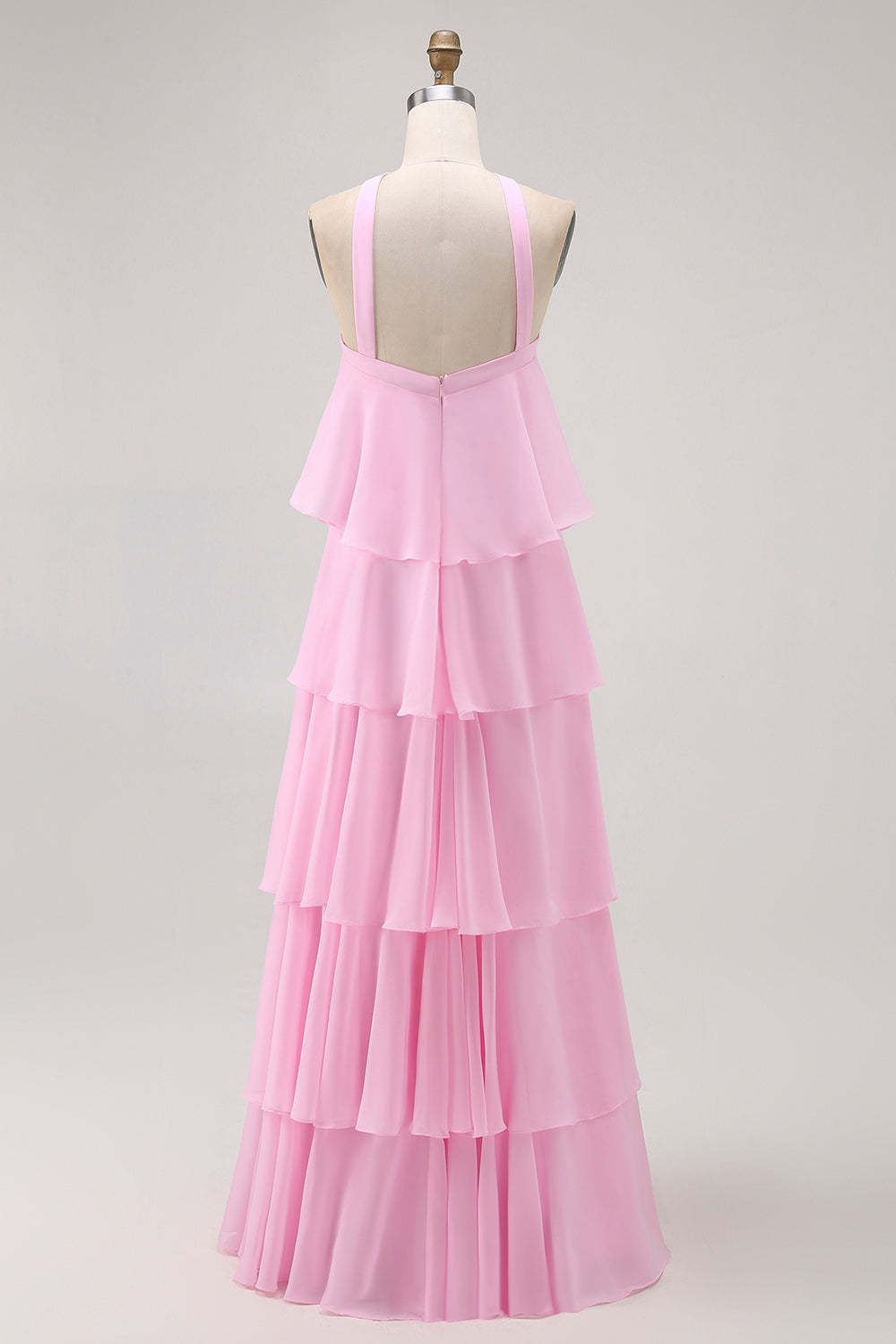 Candy Pink A Line Tiered Halter Long Wedding Guest Dress