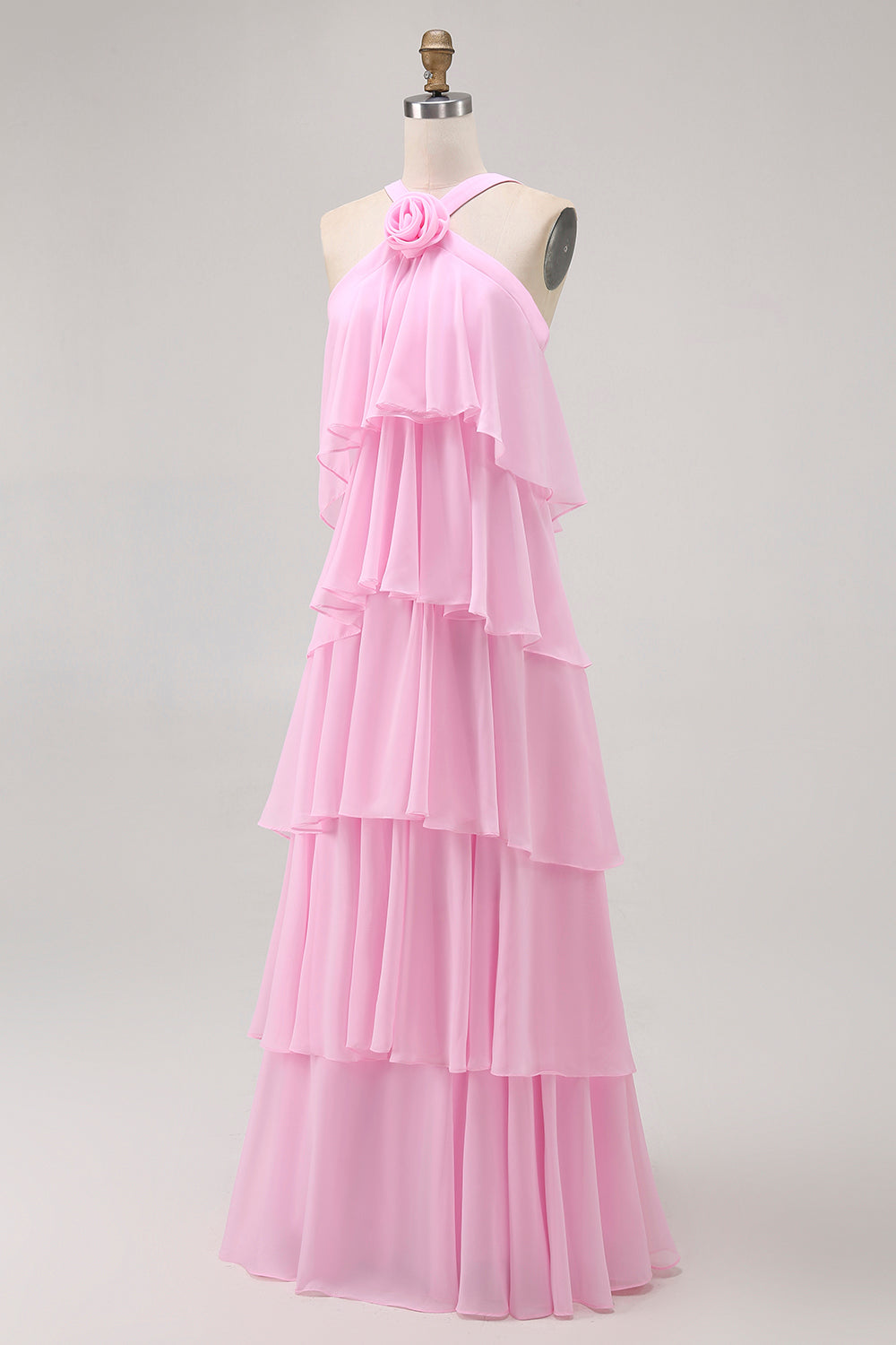 Candy Pink A Line Tiered Halter Long Wedding Guest Dress